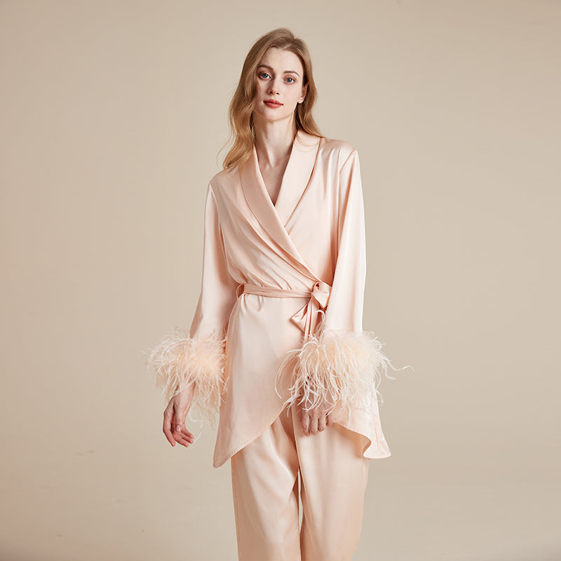 French ice silky detachable feather dressing gown suspender trousers three-piece set