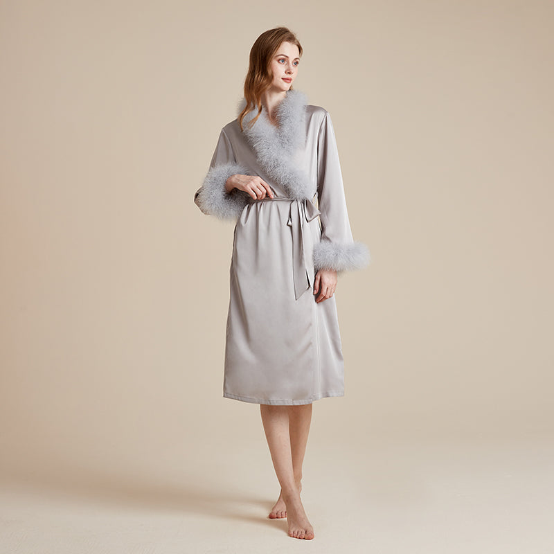 Satin silky premium feather sliver and collar robe