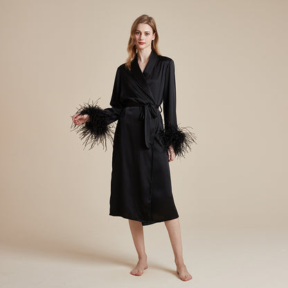 Satin and silky delicate feather cuff patchwork robe