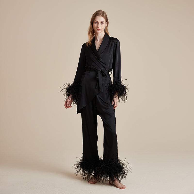 French ice silky detachable feather dressing gown suspender trousers three-piece set