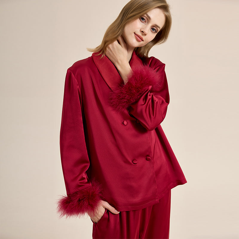 Feather pajamas high-end plus velvet, thickening double-breasted lapel home wear