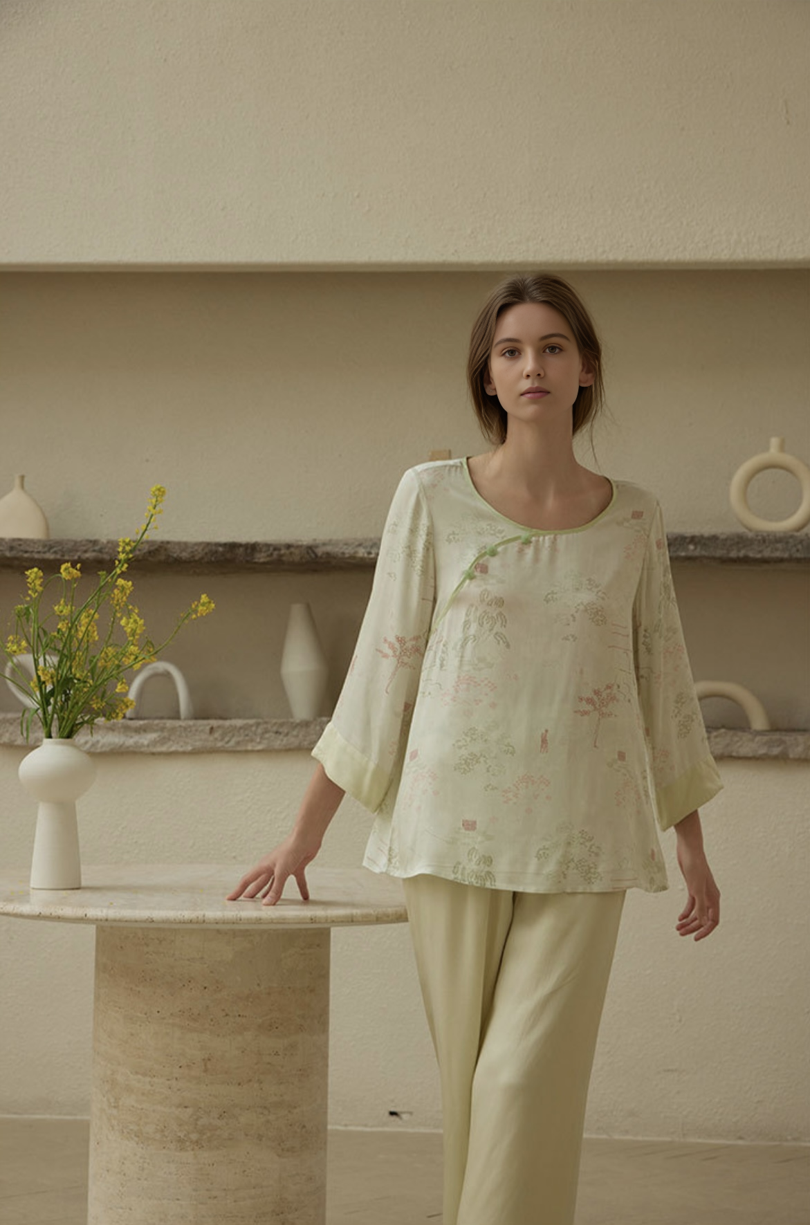 Cheongsam-Style Rayon Sateen Pajama Set