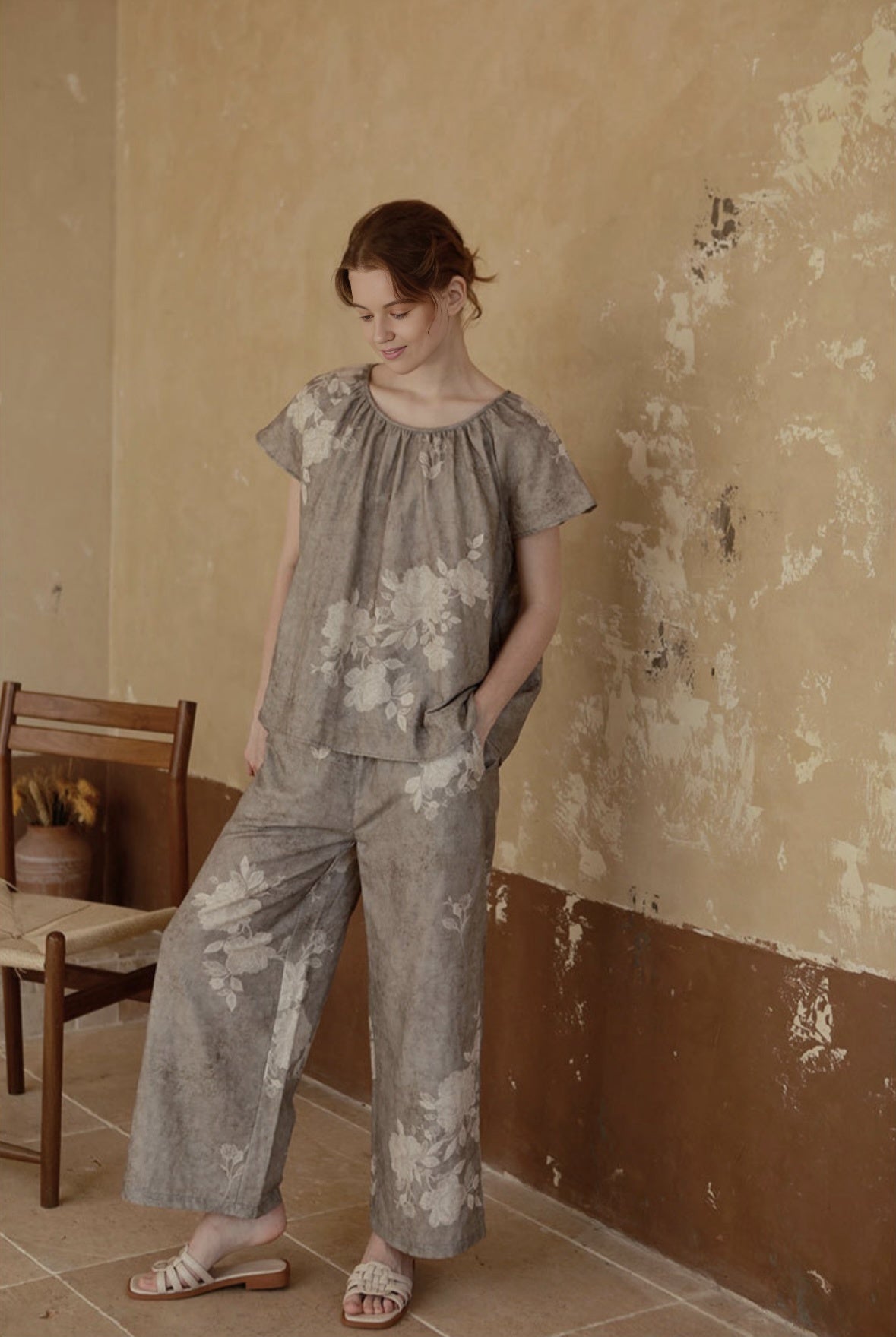 Double-Layer Cotton Gauze Print Pajama Set