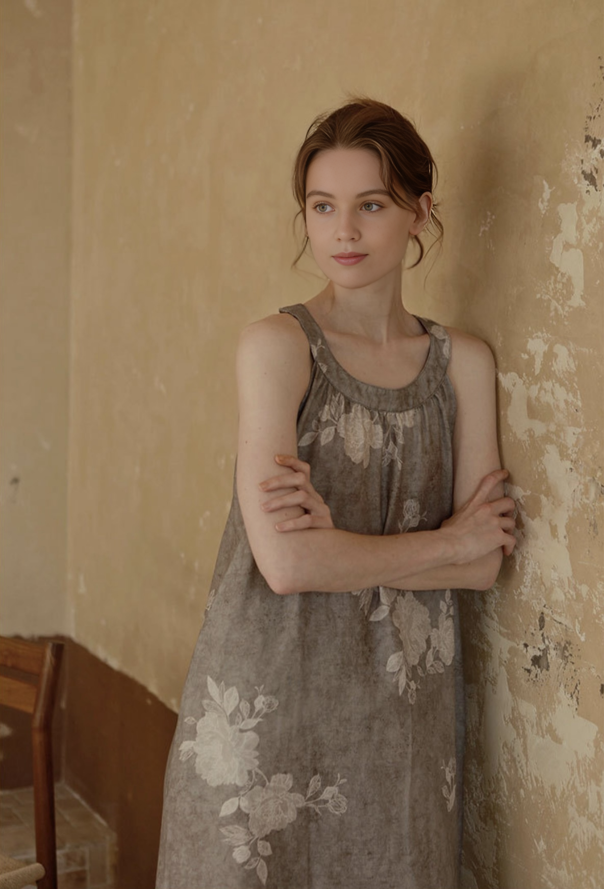 Double-Layer Cotton Gauze Print Midi Nightdress