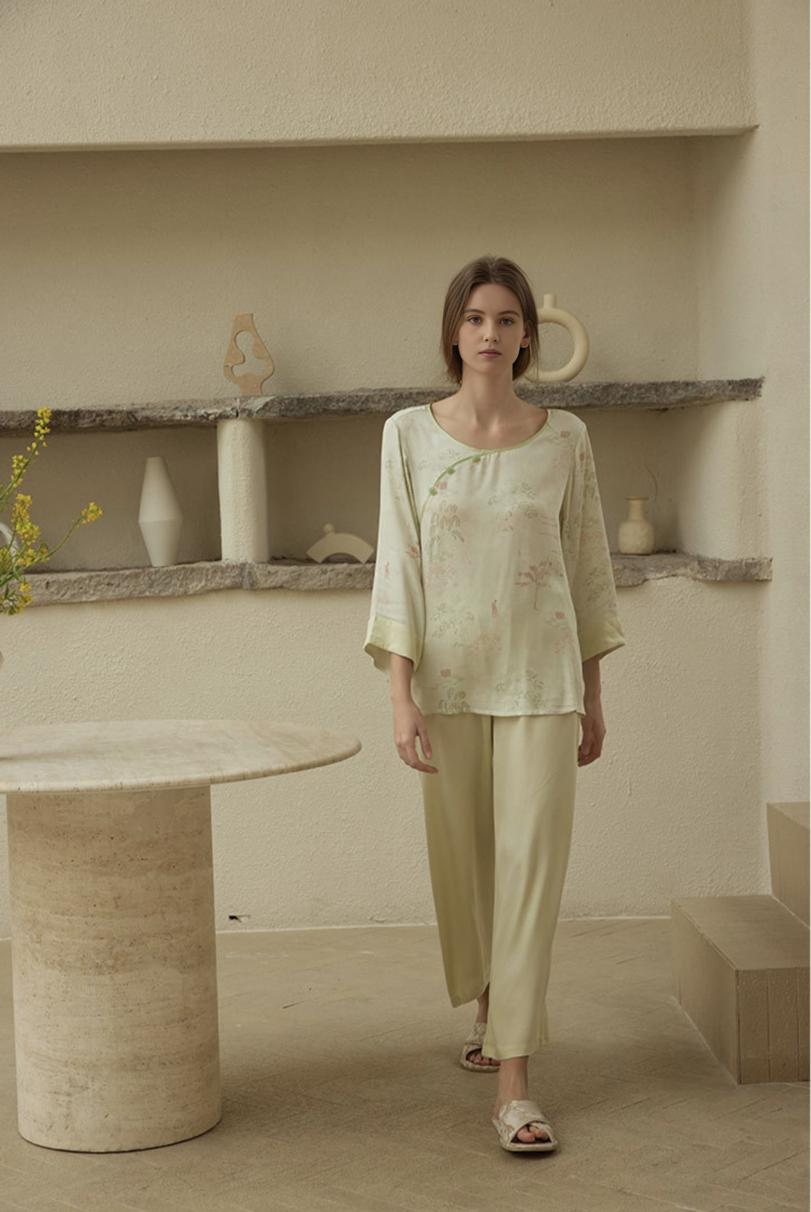 Cheongsam-Style Rayon Sateen Pajama Set