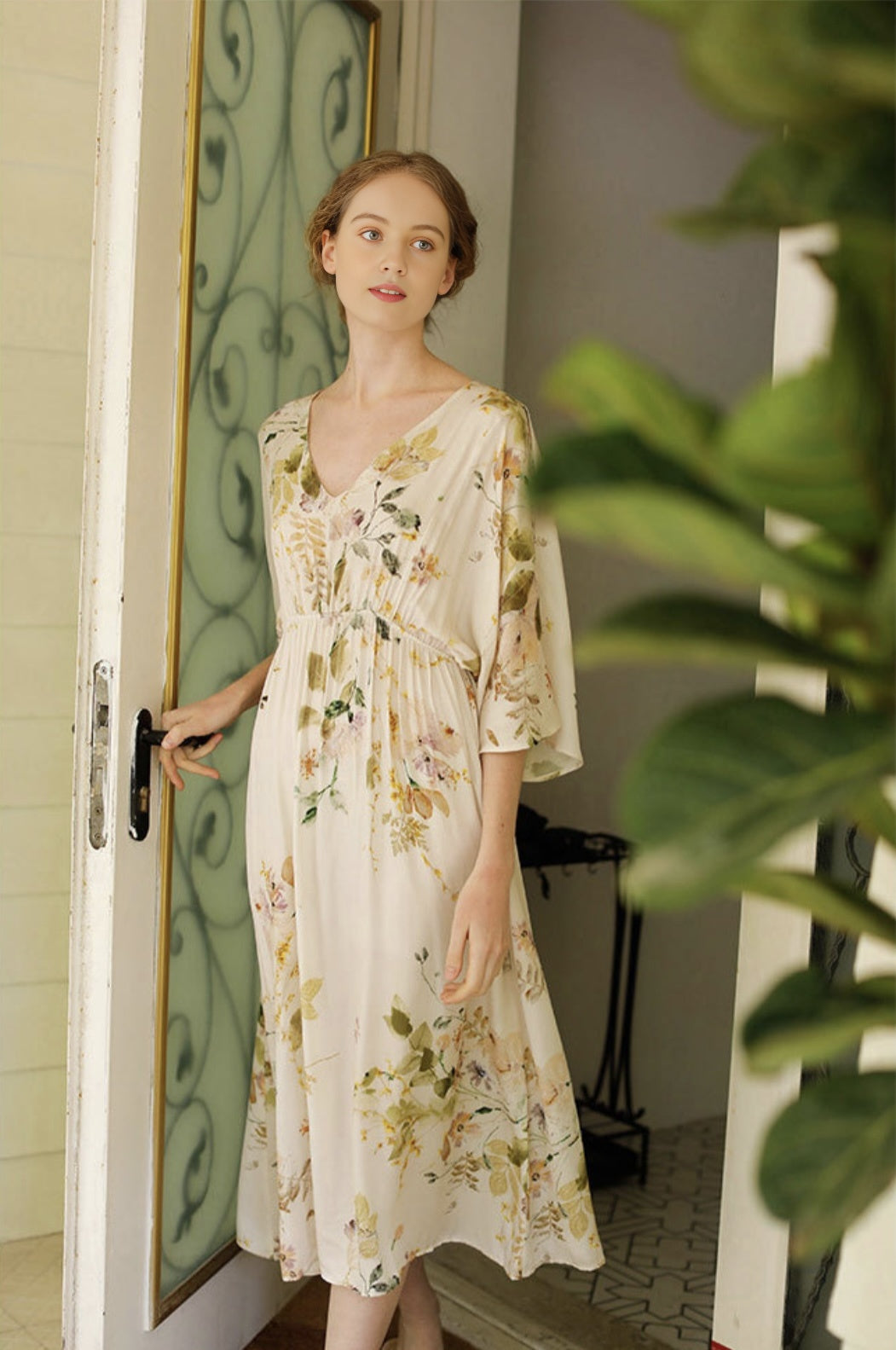 Rayon Sateen Mid-Sleeve Maxi Dress