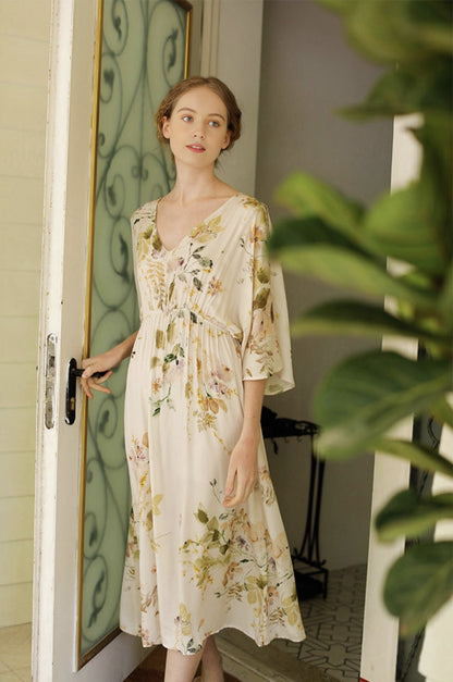 Rayon Sateen Mid-Sleeve Maxi Dress