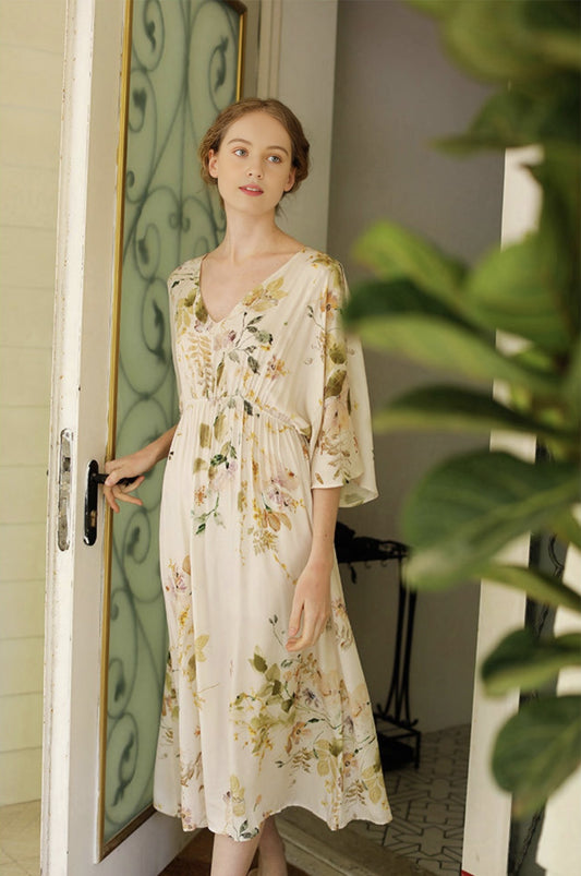 Rayon Sateen Mid-Sleeve Maxi Dress