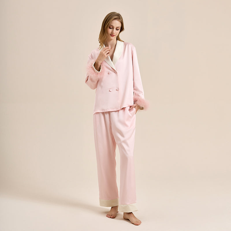 Feather pajamas high-end plus velvet, thickening double-breasted lapel home wear