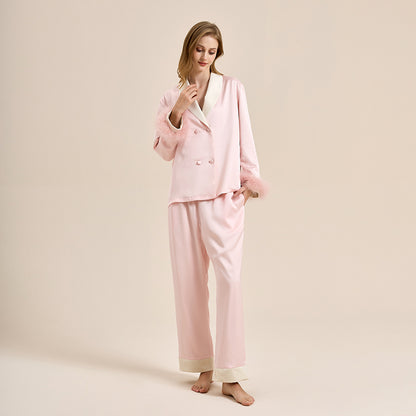 Feather pajamas high-end plus velvet, thickening double-breasted lapel home wear