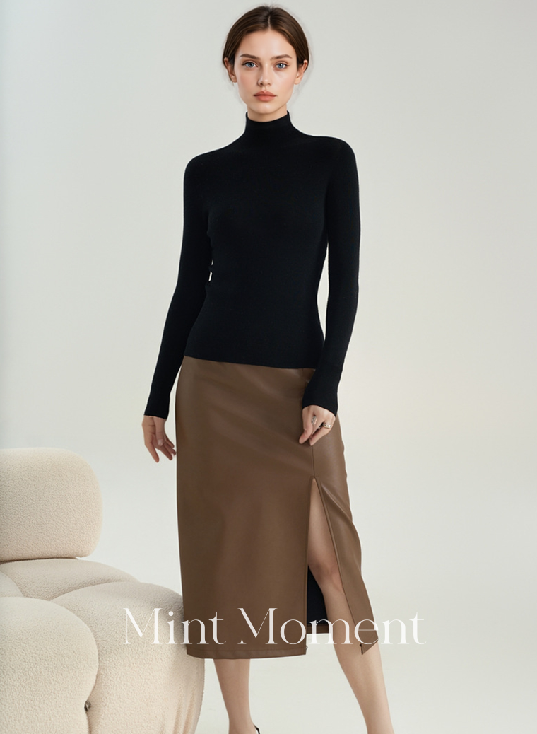 Black label Seamless Knitted Women's Sweater, Slim Fit, Semi-Turtleneck, 100% Wool Base Layer Top (Earth tone)002