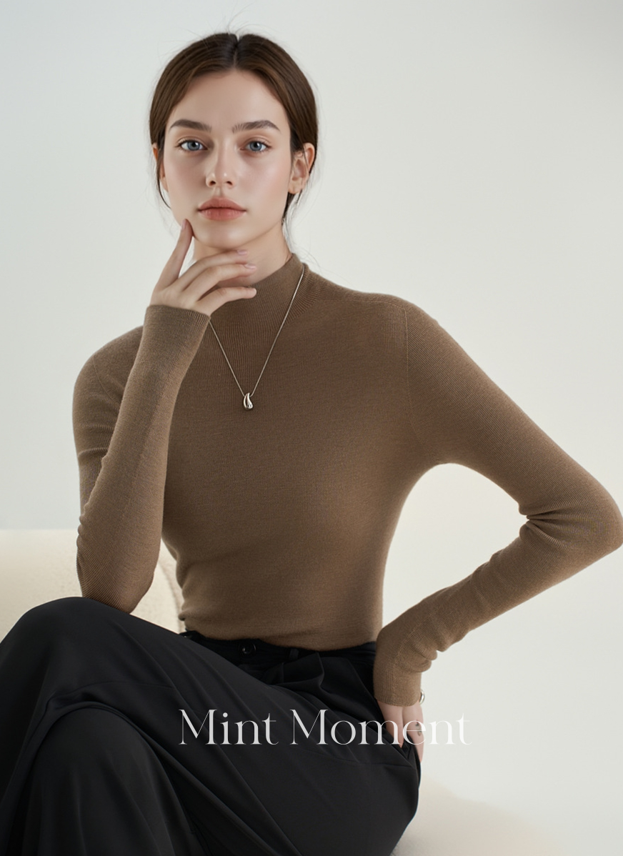 Black label Seamless Knitted Women's Sweater, Slim Fit, Semi-Turtleneck, 100% Wool Base Layer Top (Earth tone)002