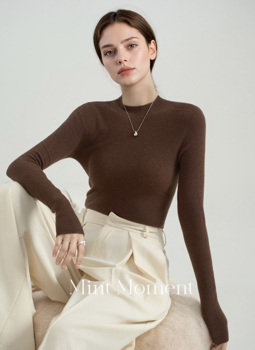 Black label Seamless Knitted Women's Sweater, Slim Fit, Semi-Turtleneck, 100% Wool Base Layer Top (Earth tone)002