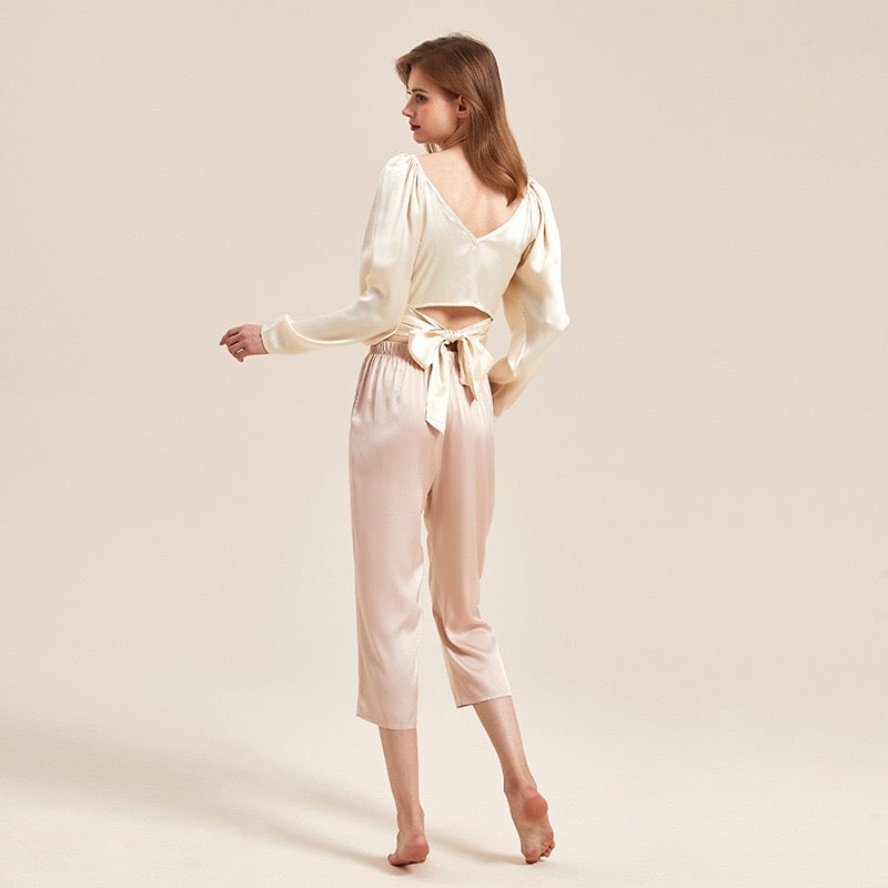 French chic top 2025 new V-neck long-sleeve tie-waist short style high-end satin blouse women's autumn top