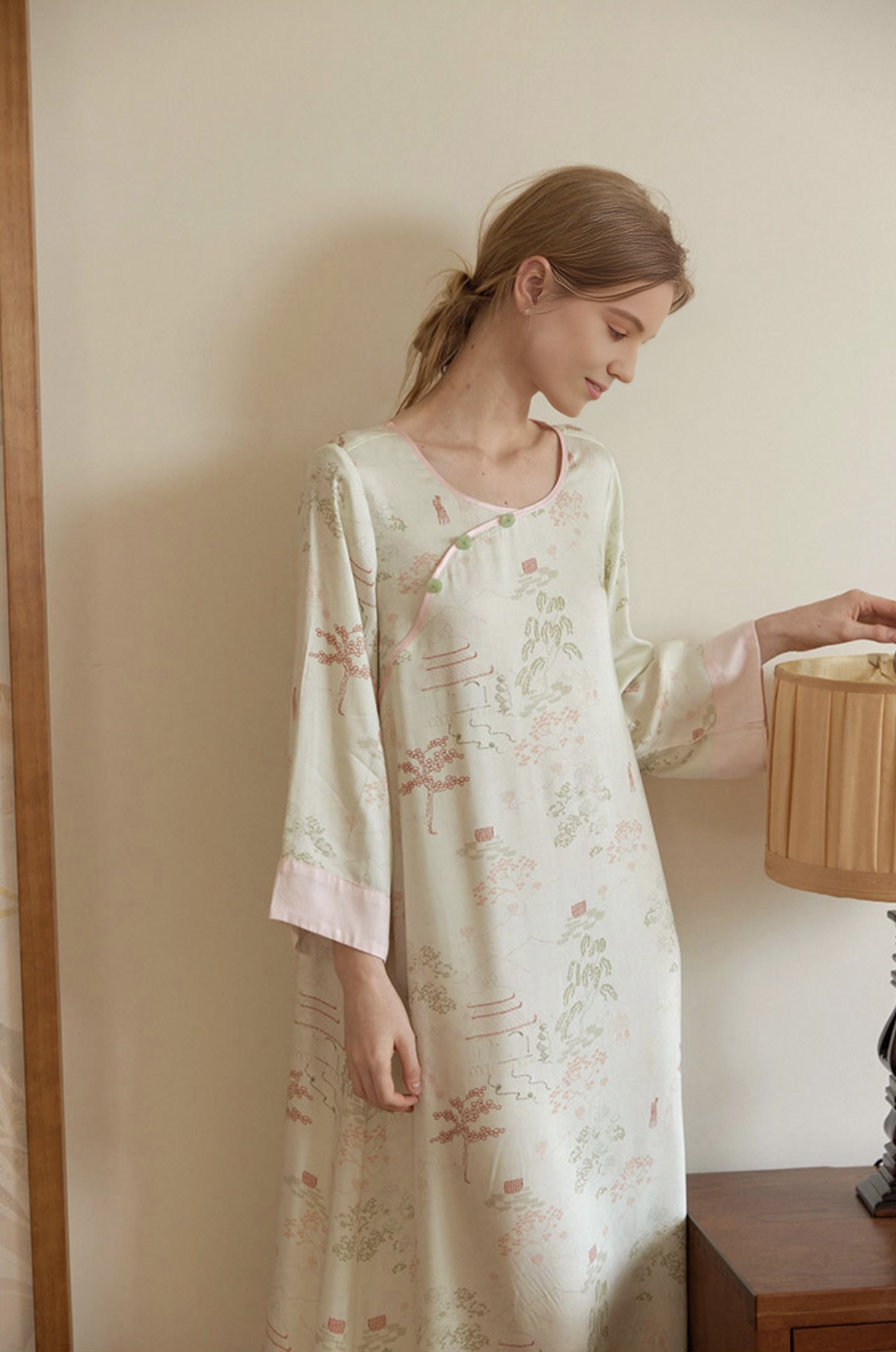 Cheongsam-Style Rayon Sateen Sleep Dress