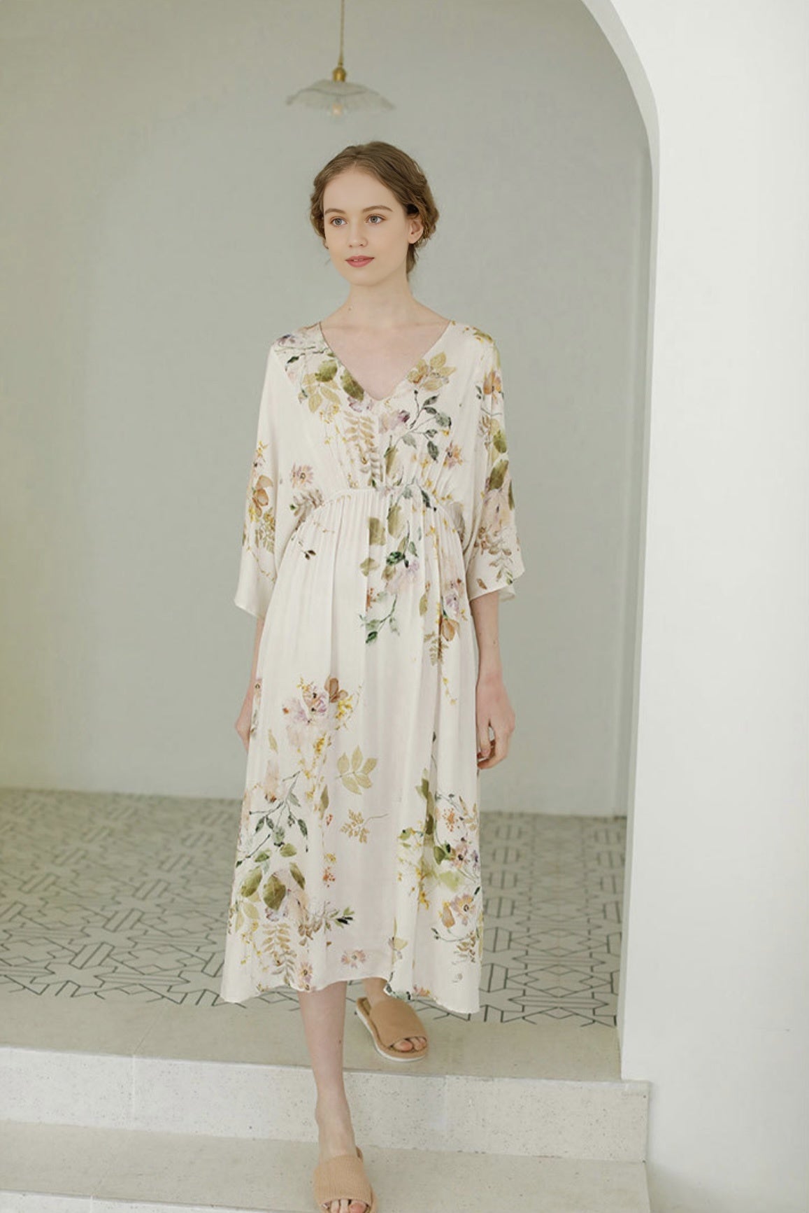 Rayon Sateen Mid-Sleeve Maxi Dress