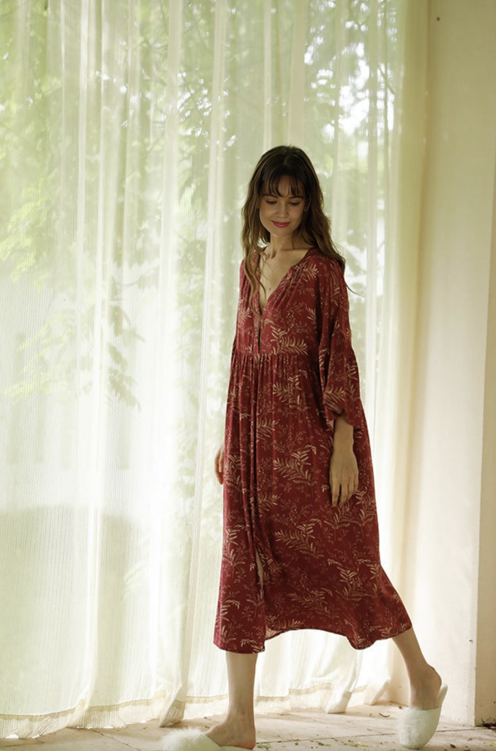 Rayon Sateen Maple Leaf Print Maxi Nightgown