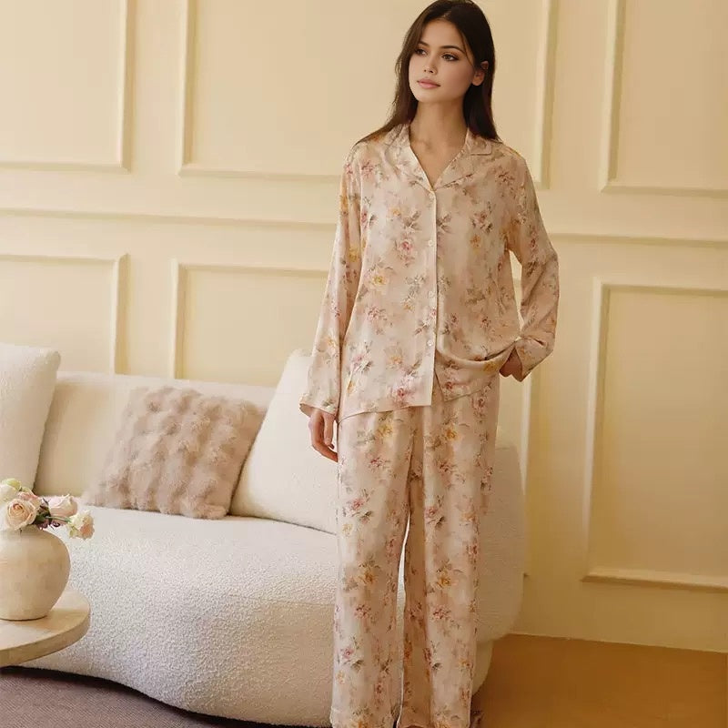 Cotton Sateen Printed Pajama Set with Lapel Collar