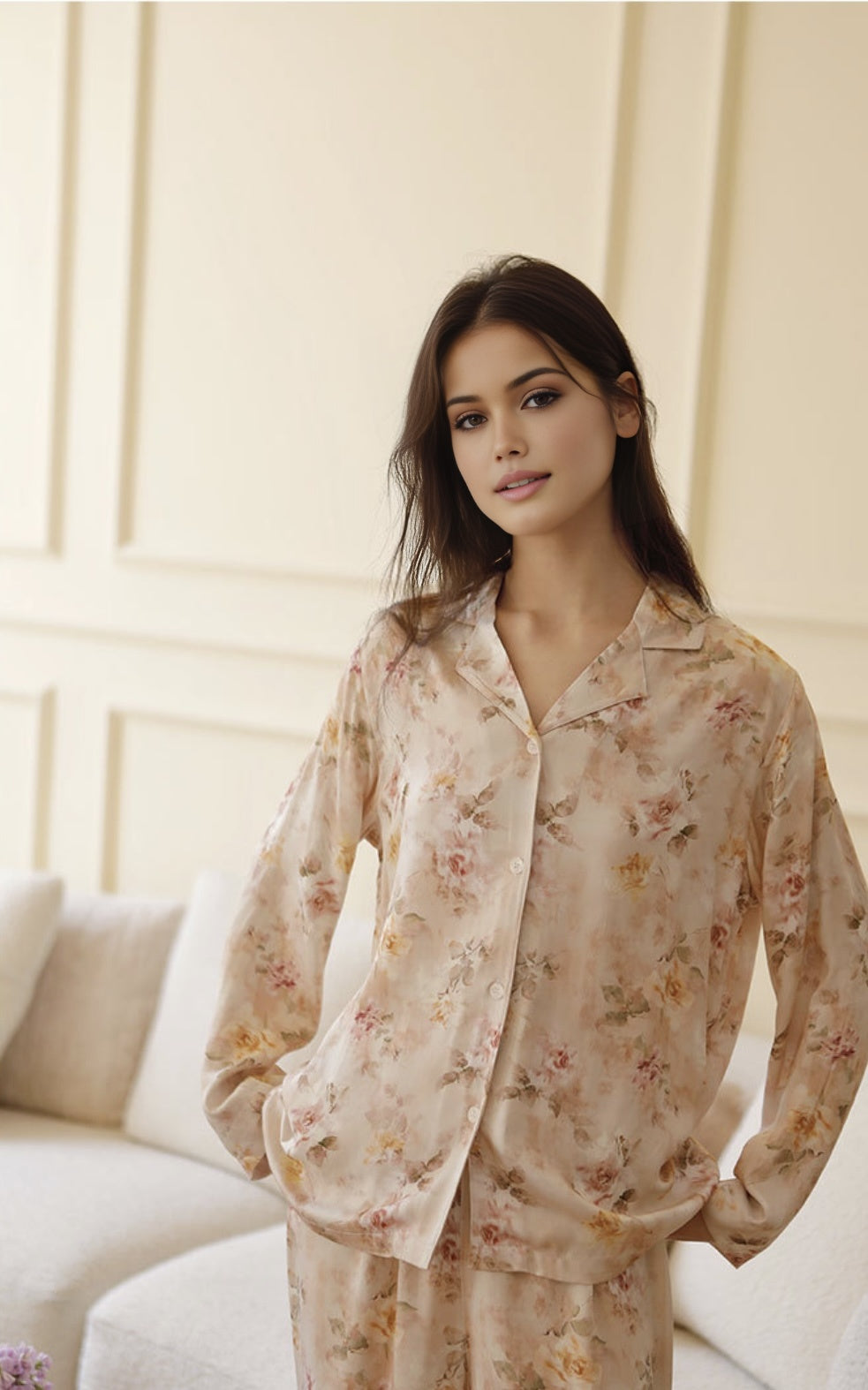 Cotton Sateen Printed Pajama Set with Lapel Collar