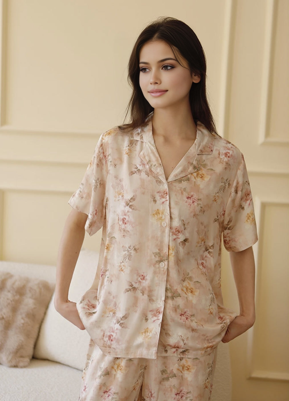 Cotton Sateen Printed Pajama Set with Lapel Collar