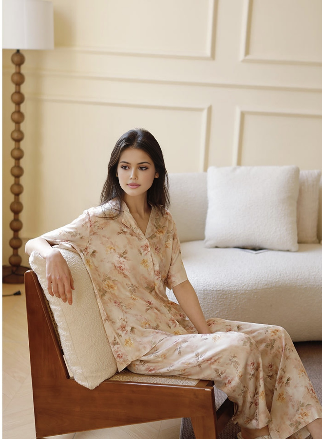 Cotton Sateen Printed Pajama Set with Lapel Collar