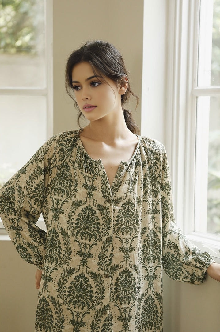 Forest-Inspired Cotton Sateen Pajama Set – Long Sleeve