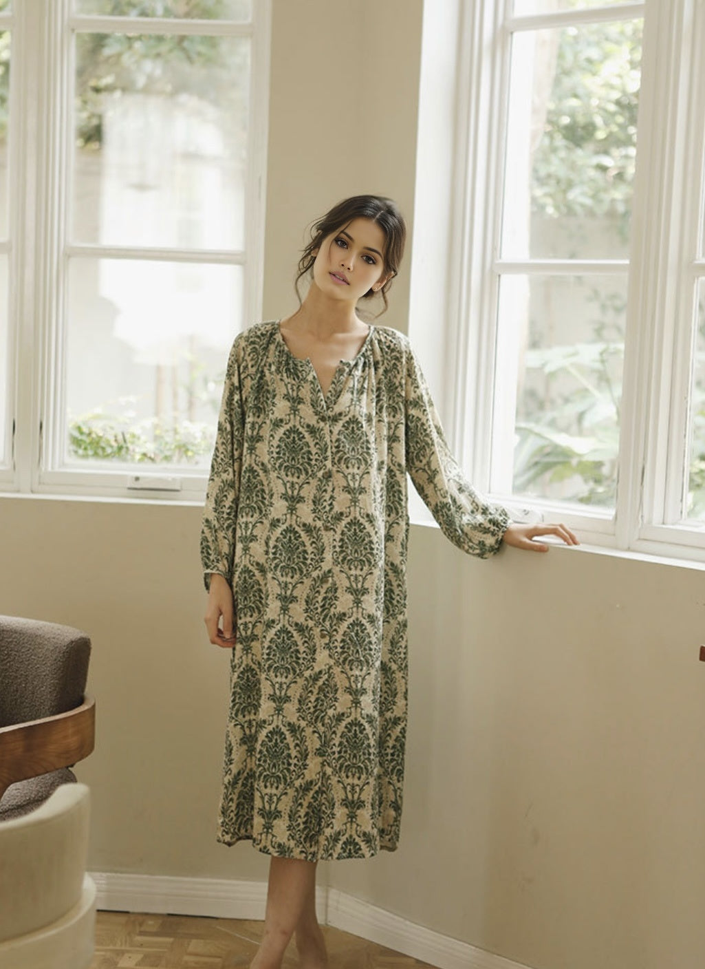 Forest-Inspired Cotton Sateen Pajama Set – Long Sleeve