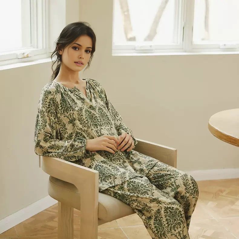 Forest-Inspired Cotton Sateen Pajama Set – Long Sleeve