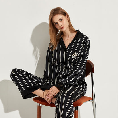 Double-layer Satin fleece-lined Black and White Striped Sleepwear Suit