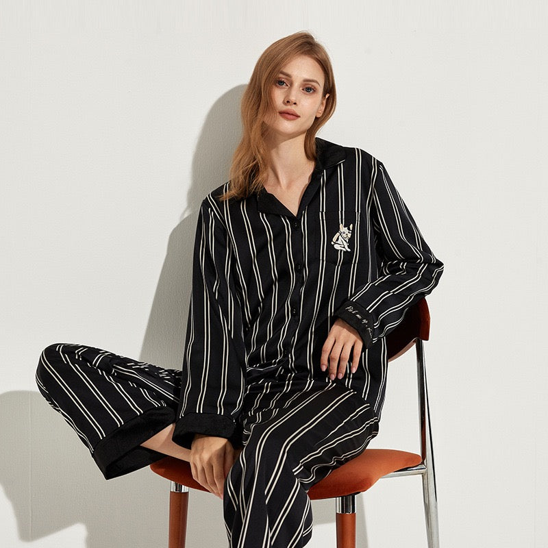 Double-layer Satin fleece-lined Black and White Striped Sleepwear Suit