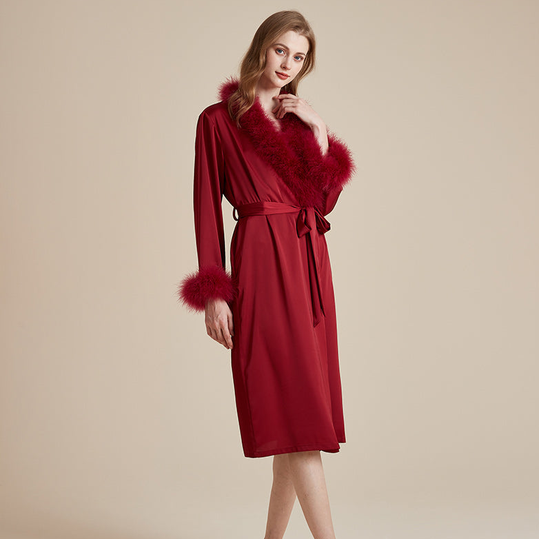 Satin silky premium feather sliver and collar robe