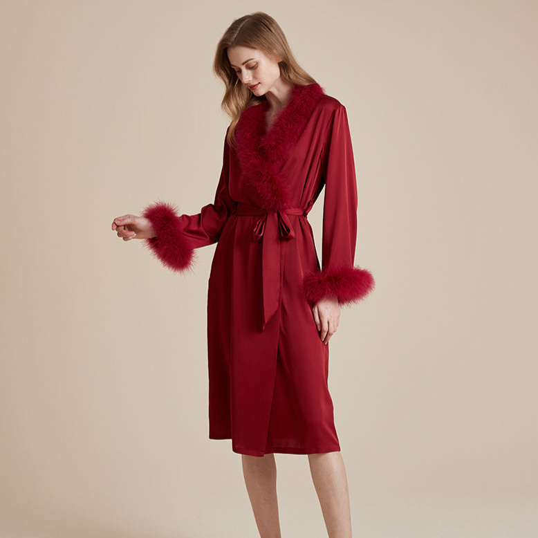 Satin silky premium feather sliver and collar robe