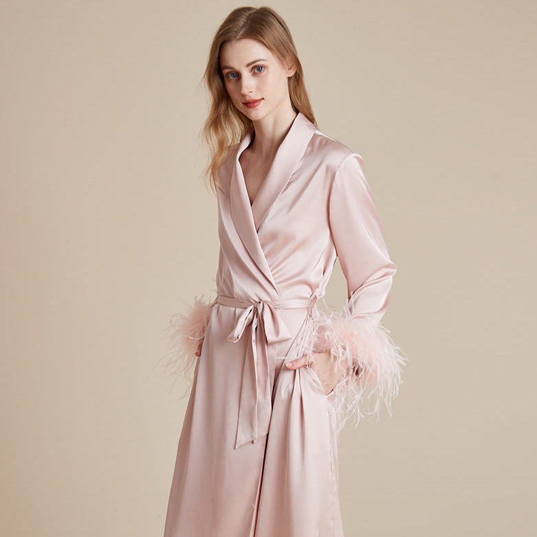 Satin and silky delicate feather cuff patchwork robe