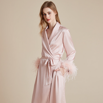 Satin and silky delicate feather cuff patchwork robe