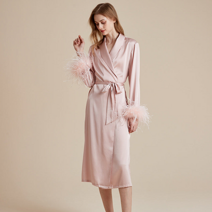 Satin and silky delicate feather cuff patchwork robe