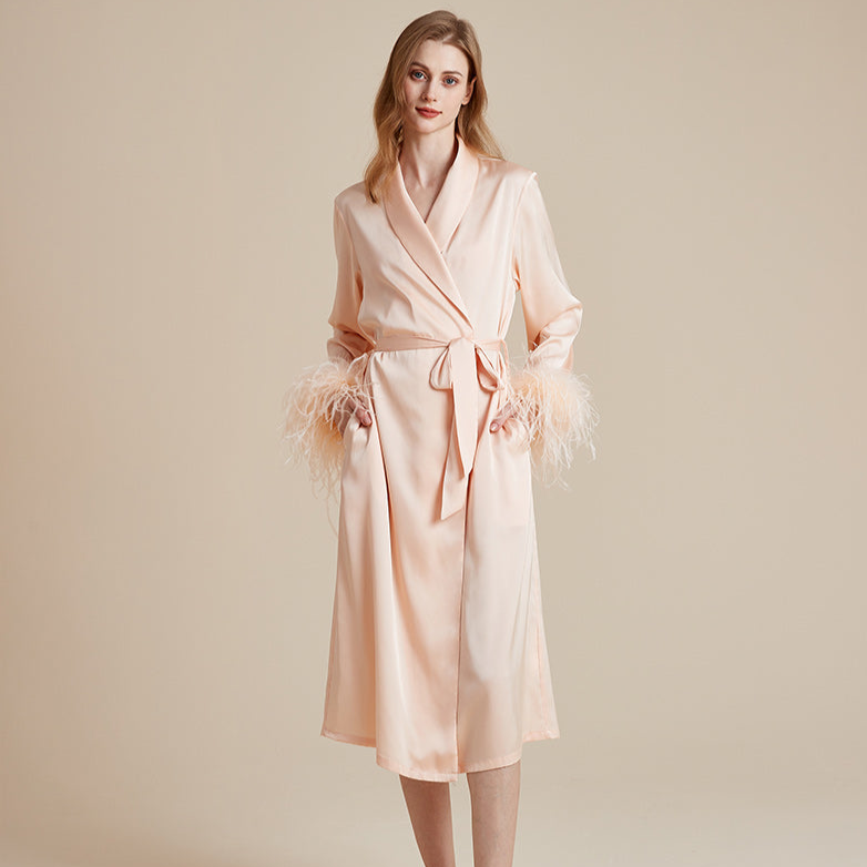 Satin and silky delicate feather cuff patchwork robe