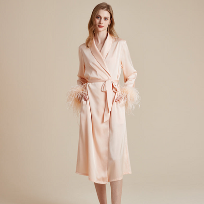 Satin and silky delicate feather cuff patchwork robe