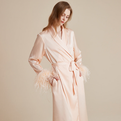 Satin and silky delicate feather cuff patchwork robe