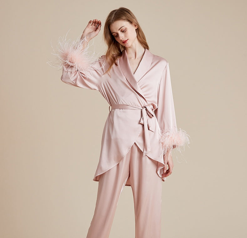 French silky detachable feather dressing gown suspender trousers three-piece set