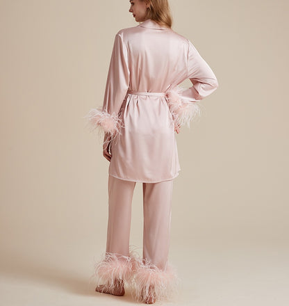 French silky detachable feather dressing gown suspender trousers three-piece set