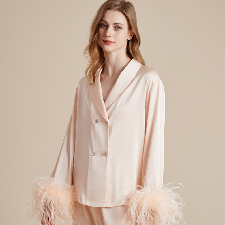 Feather-trimmed pajama set with crystal diamond buttons