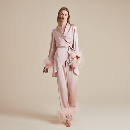 French silky detachable feather dressing gown suspender trousers three-piece set