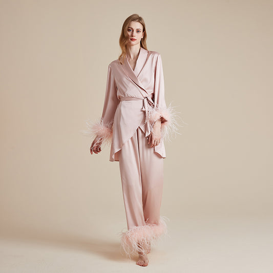 French silky detachable feather dressing gown suspender trousers three-piece set