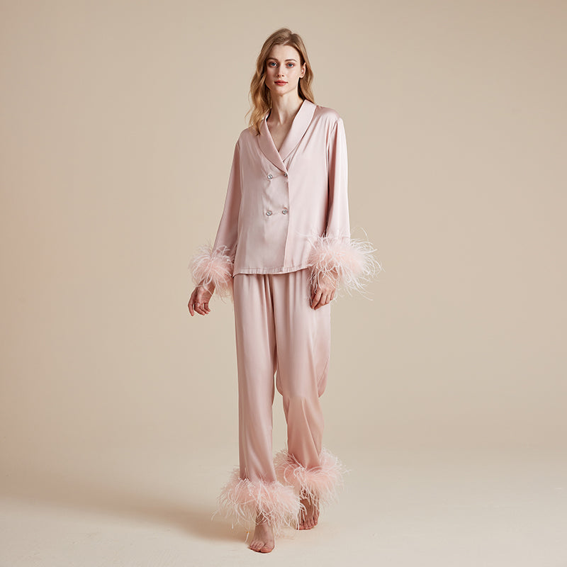 Feather-trimmed pajama set with crystal diamond buttons