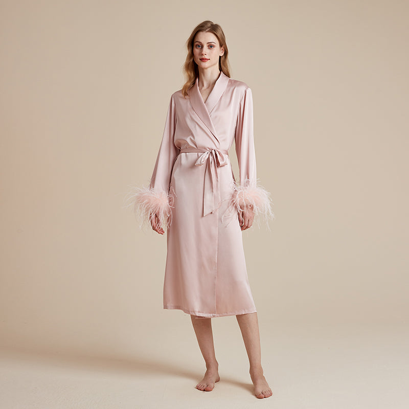 Satin and silky delicate feather cuff patchwork robe