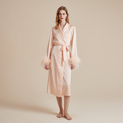 Satin and silky delicate feather cuff patchwork robe