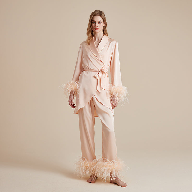 French ice silky detachable feather dressing gown suspender trousers three-piece set